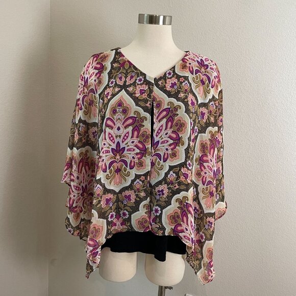 JM Collection Womens Plus 1X Top Poncho Overlay with Attached Tank Top Blouse - Picture 2 of 14